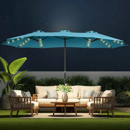 15-Foot Double-Sided Solar-Powered Patio Umbrella  LED-Lit Oversized Market Style with Base, Beige