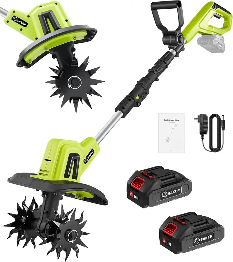 Saker 22V Cordless Garden Tiller  Lightweight 9-Inch Width Rototiller with 6.3-Inch Depth, Dual Battery Kit for Efficient Cultivation