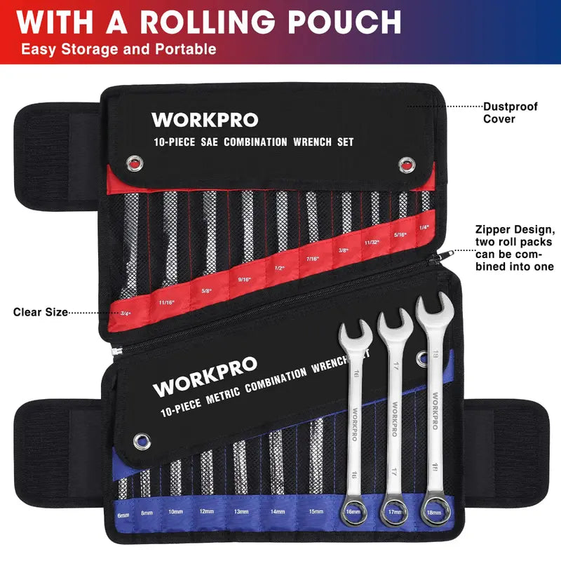WORKPRO 20-Piece Cr-V Combination Wrench Set  Metric (618mm) & SAE (1/4″3/4″) 12-Point