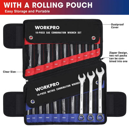 WORKPRO 20-Piece Cr-V Combination Wrench Set  Metric (618mm) & SAE (1/4″3/4″) 12-Point