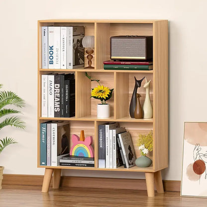 LEYAOYAO Natural Wood 7-Cube Bookshelf  Modern Open-Back Storage Unit with Solid Legs