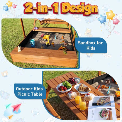 Wooden Outdoor Sandbox with Lid & Picnic Table  Foldable Sandpit with Protective Cover