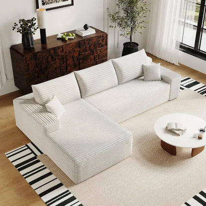 135″ Minimalist Corduroy Sectional  Compressed High-Density Foam Lounge Sofa with Anti-Slip Base