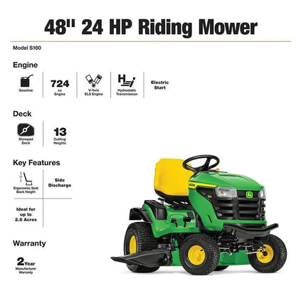 John Deere S160 48″ Premium Gas Tractor  24 HP V-Twin, Enhanced Lawn Coverage, Smooth Hydrostatic Control