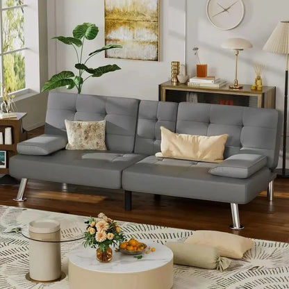 Leather Futon Sofa Bed with Removable Armrests, Reclining Sleeper Function & Dual Cup Holders  Black Modern Design