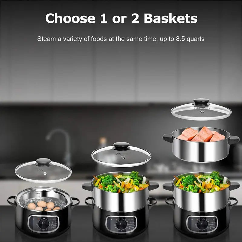 Dual-Layer Electric Food Steamer  8.5L Glass-Covered Stainless Steel Steaming Basket Set, Stackable Design with Built-in Timer