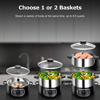 Dual-Layer Electric Food Steamer  8.5L Glass-Covered Stainless Steel Steaming Basket Set, Stackable Design with Built-in Timer