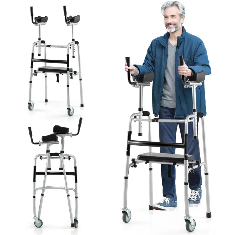 Heavy-Duty Folding Walker  450 lb Capacity, 5-Inch Wheels, Padded Seat & Removable Armrests