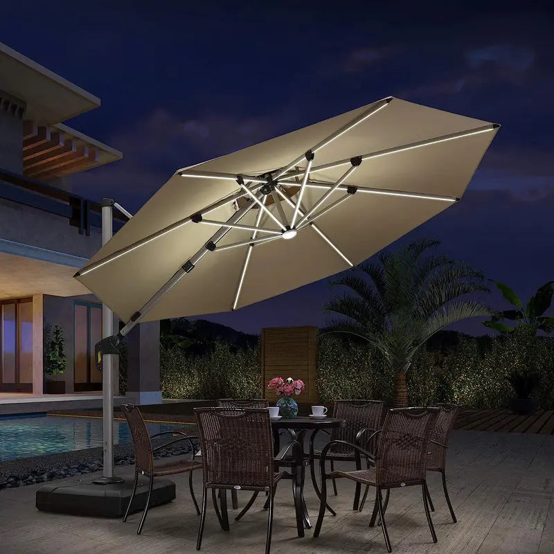 12-Foot Solar-Powered LED Cantilever Patio Umbrella  Wind-Resistant Round Outdoor Parasol with Built-in Lights