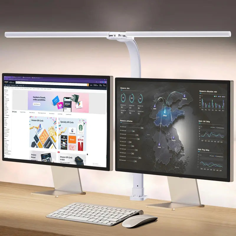 Clamp-Mount Dual-Head LED Desk Lamp  24W, 5 Brightness + 5 Color Modes, Articulating Arm