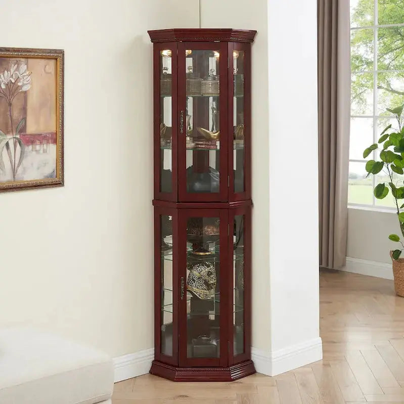 Corner Curio Cabinet with LED Lighting  Tempered Glass Shelves and Mirrored Back Display Unit