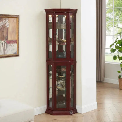 Corner Curio Cabinet with LED Lighting  Tempered Glass Shelves and Mirrored Back Display Unit