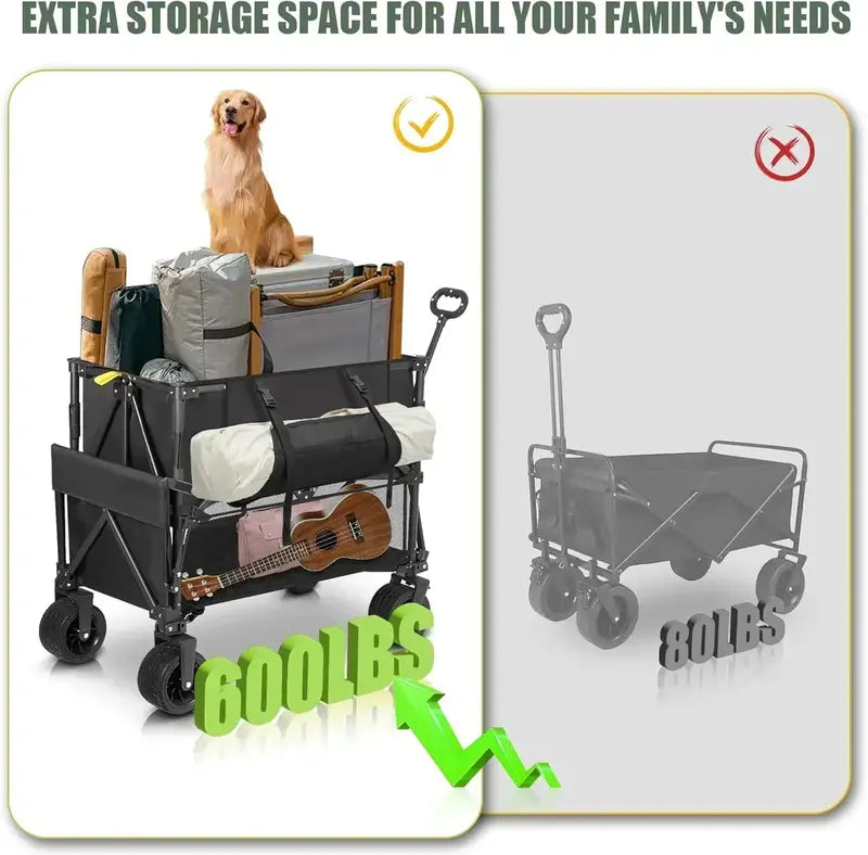 Reinforced Double-Decker Collapsible Wagon  600 lb Weight Rating, 400L Storage, Heavy-Duty Utility Use