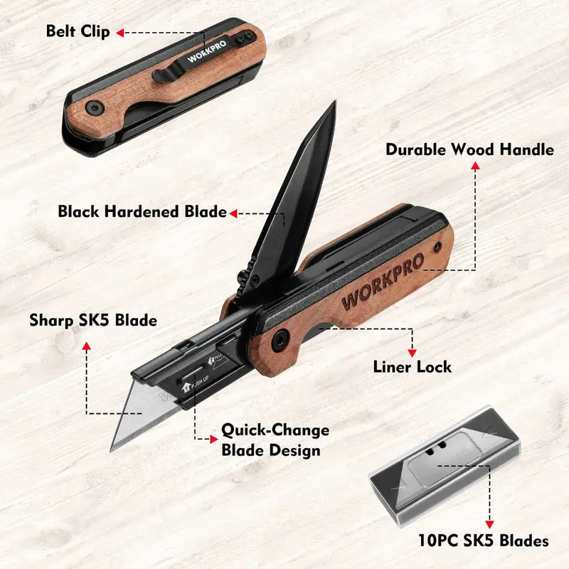 WORKPRO Folding 2-in-1 Utility Knife with 10 Extra SK5 Replacement Blades
