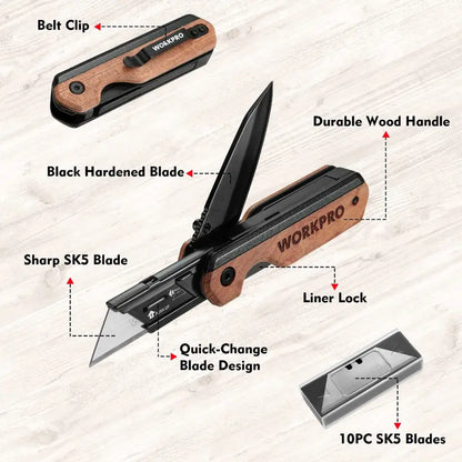 WORKPRO Folding 2-in-1 Utility Knife with 10 Extra SK5 Replacement Blades