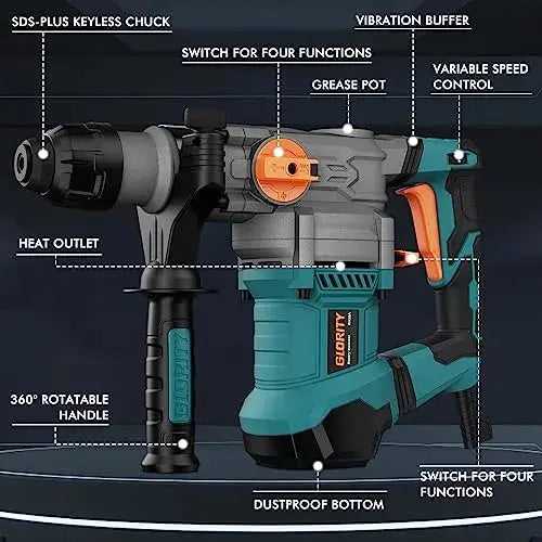 GLORY Heavy-Duty Rotary Hammer Drill  Aluminum Housing with 5-Piece Bit Set