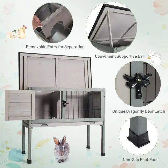 Dual-Use Elevated Wooden Hutch for Rabbits  Indoor/Outdoor Design with Slide-Out Tray for Easy Maintenance