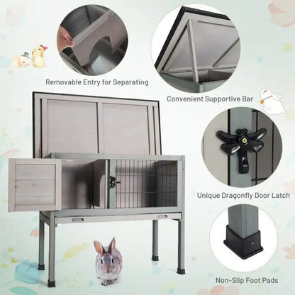 Dual-Use Elevated Wooden Hutch for Rabbits  Indoor/Outdoor Design with Slide-Out Tray for Easy Maintenance