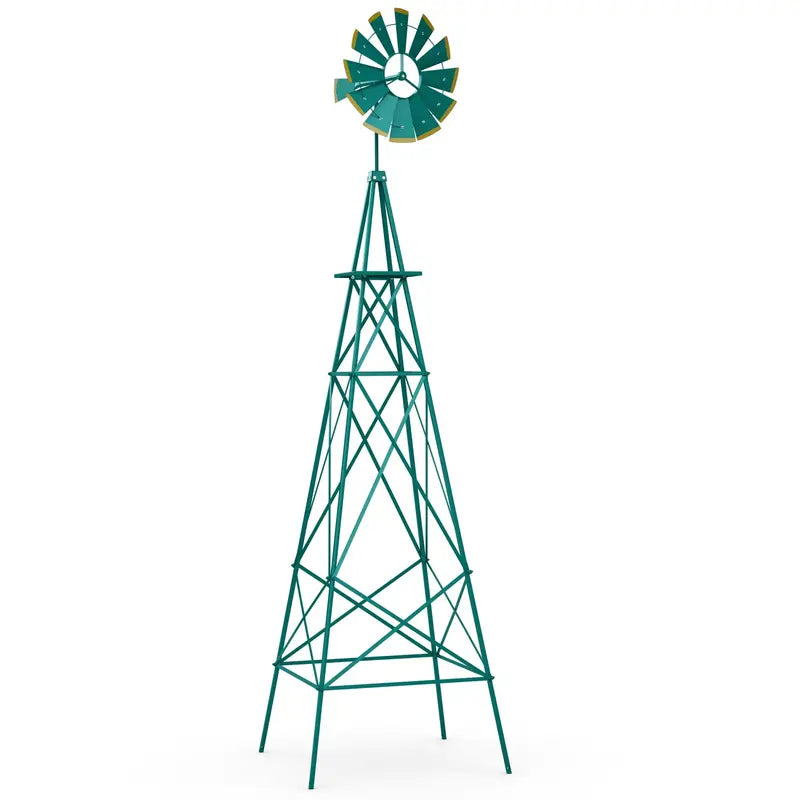 8-Foot All-Weather Ornamental Metal Windmill with Four-Point Base and Weathervane Feature