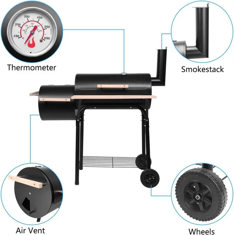 Heavy Duty Outdoor Charcoal Grill & Smoker with Thermometer & Wheels for Camping & Backyard  Double Greenhouse Design