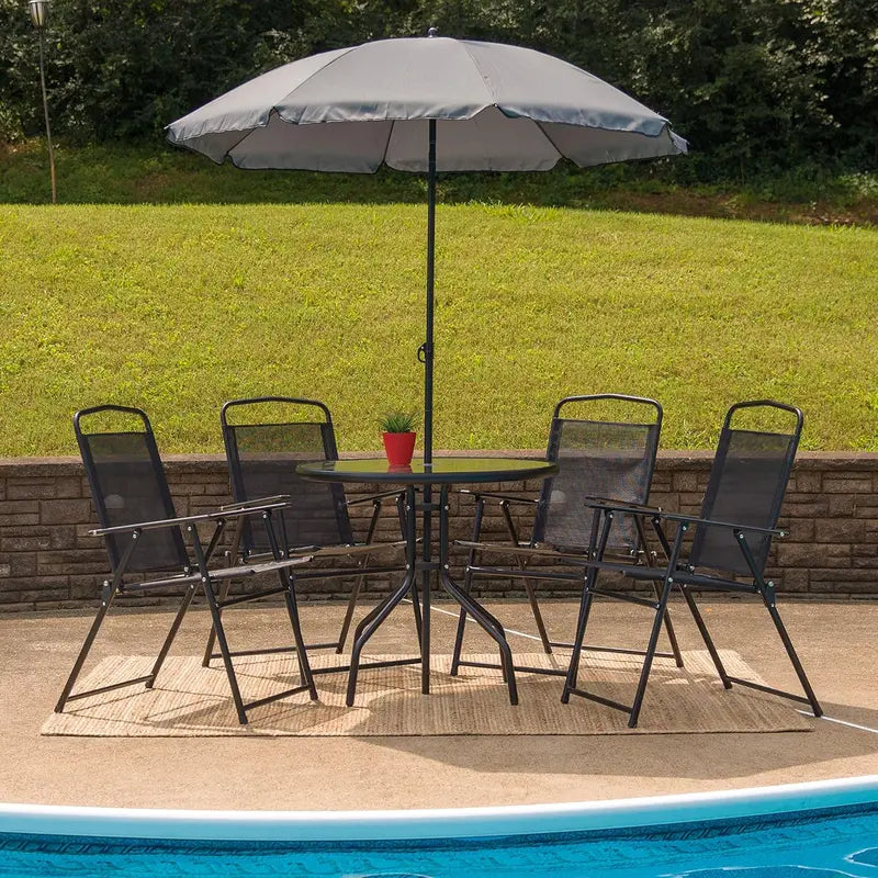 EMMA + OLIVER 6-Piece Brown Patio Set — Umbrella Table and Four Foldable Chairs