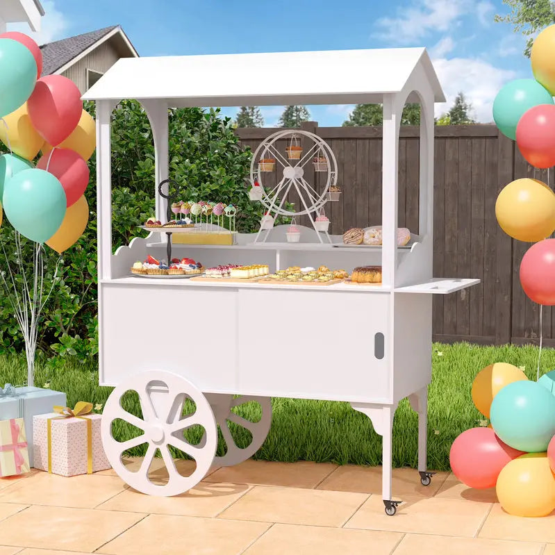 Wooden Dessert Cart with Wheels  Mobile Candy or Party Serving Station with Cabinet Storage