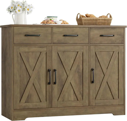 HOSTACK Farmhouse Buffet Cabinet  Barn-Door Design, Drawers & Hidden Storage