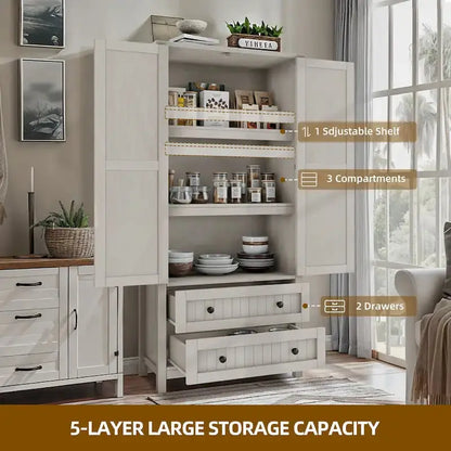 64″ Tall Farmhouse Kitchen Pantry Cabinet  Dual Drawers & Adjustable Shelving