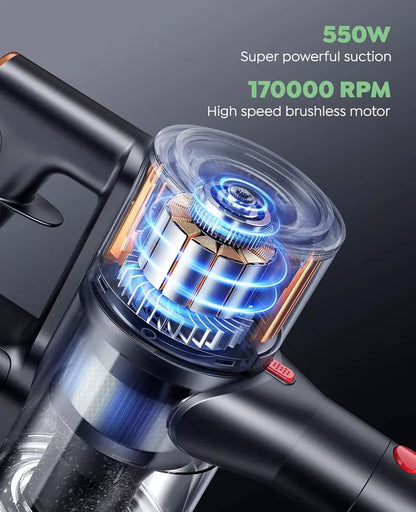 High-Performance Cordless Stick Vacuum  550W Motor, 45 kPa Suction, 60-Min Runtime, Wall-Mount Charging & Self-Standing Design