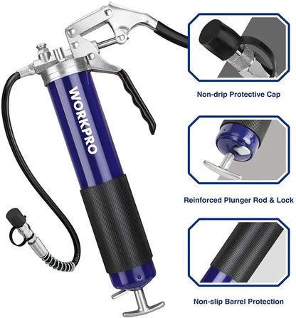 WORKPRO Pistol-Grip Grease Gun Kit  18″ Flexible Hose, 2 Fixed Tubes, 3 Nozzles, 14 oz Capacity, 4000 PSI Output