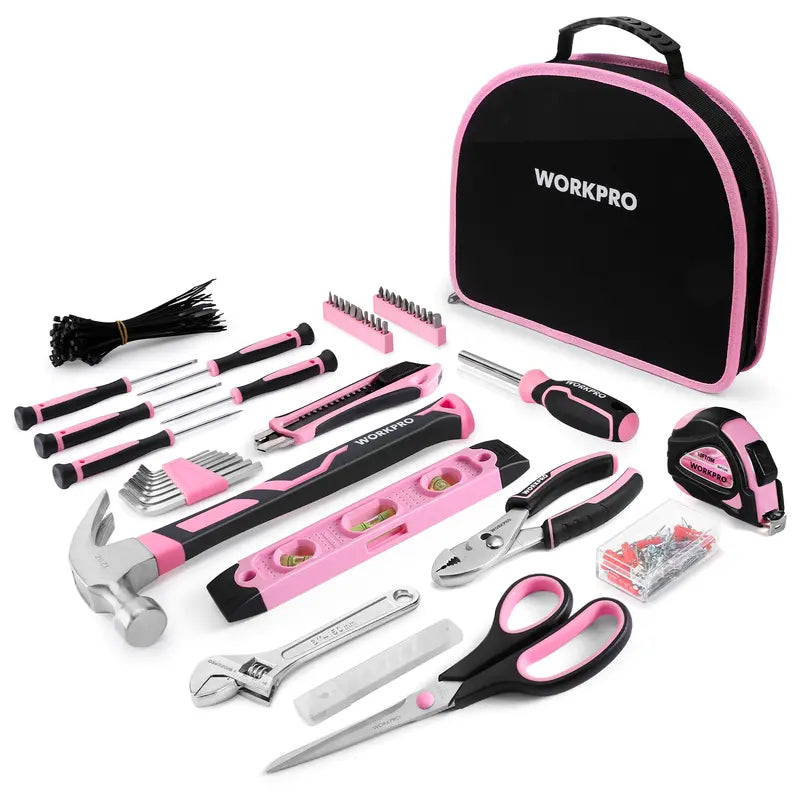 WORKPRO Pink Ribbon DIY Tool Kit: 100 or 236 Pieces in Portable Round Carry Pouch