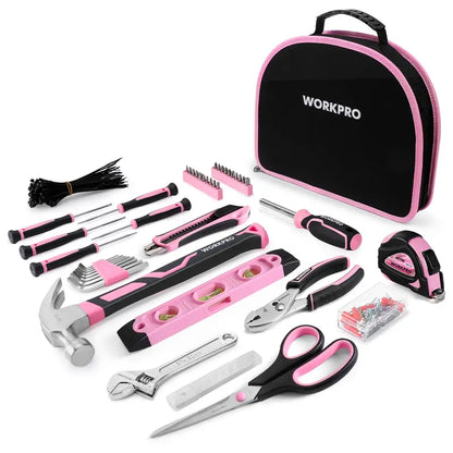 WORKPRO Pink Ribbon DIY Tool Kit: 100 or 236 Pieces in Portable Round Carry Pouch
