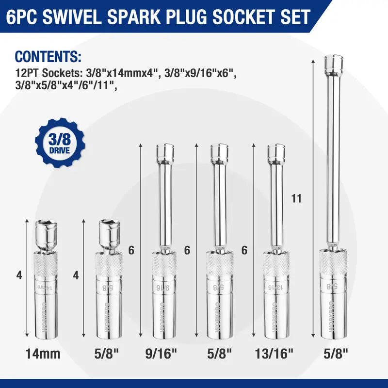 WORKPRO Extended Magnetic Spark Plug Socket Kit  6-Pc Thin-Wall Set with 4″, 6″, 11″ Extensions