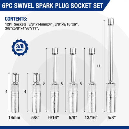 WORKPRO Extended Magnetic Spark Plug Socket Kit  6-Pc Thin-Wall Set with 4″, 6″, 11″ Extensions