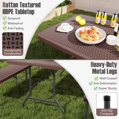 6-Foot Rattan-Style Plastic Folding Table  HDPE Textured Top, 350 lb Outdoor Duty