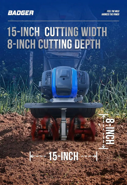 53cc Gas-Powered Garden Tiller  15-Inch Cultivator with Lift-Assist Rod for Efficient Soil Loosening in Lawns & Small Farms