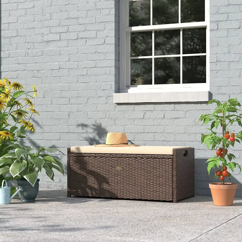 Barton Rattan-Style Outdoor Storage Bench  Weather-Resistant Wicker Deck Box with Cushioned Seat (60-Gallon Capacity)