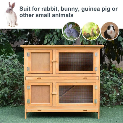 Pawhut Solid Wood Rabbit/Bunny Hutch with 2 Large Main Rooms, Yellow