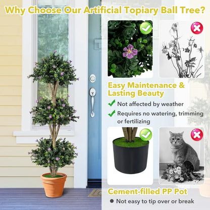 51-Inch Artificial Triple-Ball Boxwood Topiary Tree with 59 Blossoms and Weighted Plastic Pot