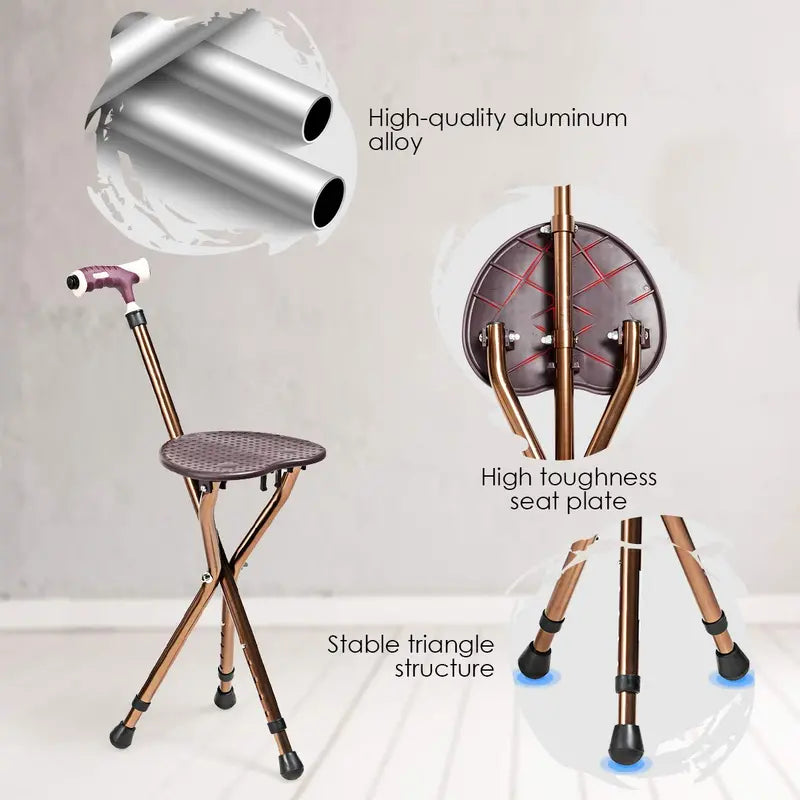 Adjustable Folding Cane Seat  Aluminum Alloy Crutch Chair with LED Light and Tripod Base