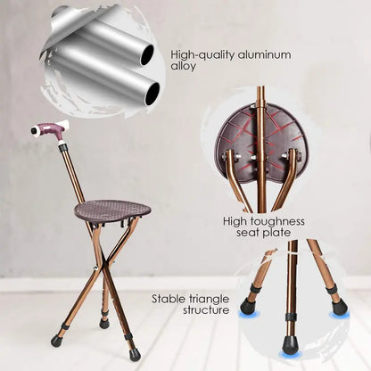 Adjustable Folding Cane Seat  Aluminum Alloy Crutch Chair with LED Light and Tripod Base