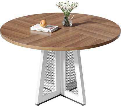 47-Inch Farmhouse Round Dining Table in Brown: Solid Wood Pedestal Base, Ideal for Kitchens, Living Rooms, and Casual Dining Spaces