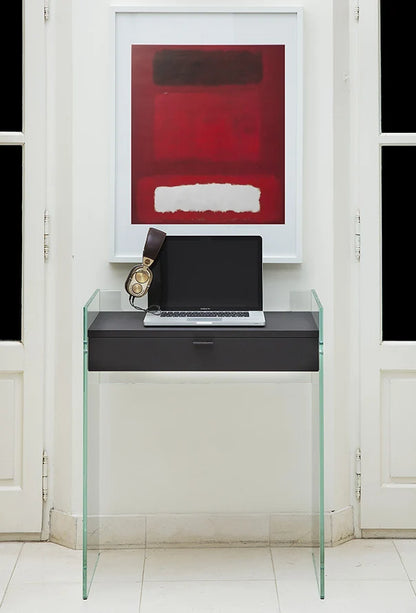 Bureau Console Zen 13 | Verre Trempé, Tiroir Bois et Poignée Cuir