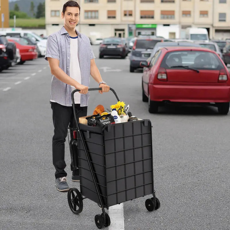 Heavy-Duty Folding Grocery Cart  330-LB Capacity, Dual Baskets, and 360° Swivel Wheels