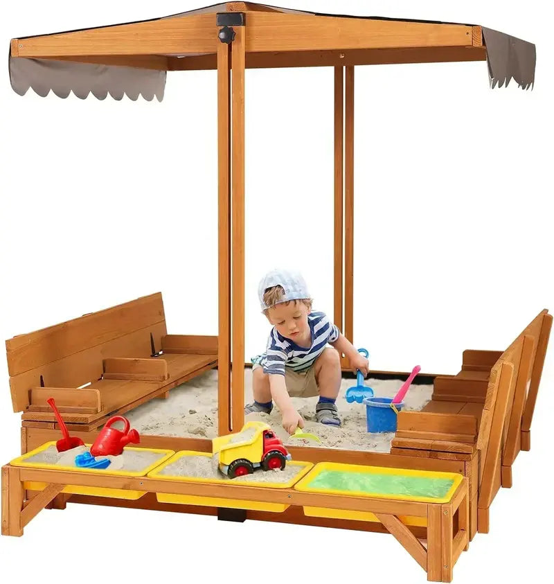 Kids’ Wooden Outdoor Sandbox with Retractable Canopy  Includes Foldable Benches & Sand Liner