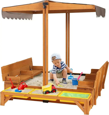 Kids’ Wooden Outdoor Sandbox with Retractable Canopy  Includes Foldable Benches & Sand Liner