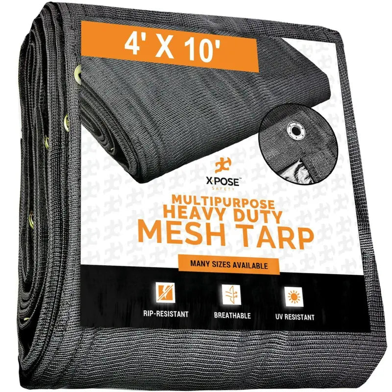 Xpose Safety Heavy Duty Mesh Tarp  4′ x 10′  Multipurpose Black Protective Cover with Air Flow  Use for Tie Downs, Shade, Fences, Canopies, Dump Trucks  Weather and Tear Resistant
