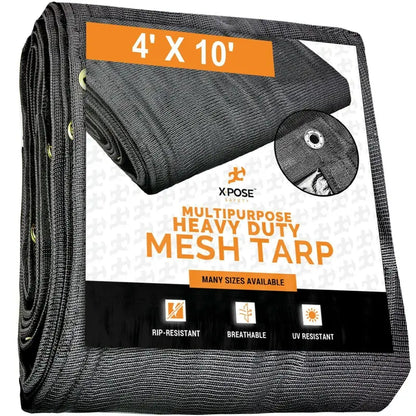 Xpose Safety Heavy Duty Mesh Tarp  4′ x 10′  Multipurpose Black Protective Cover with Air Flow  Use for Tie Downs, Shade, Fences, Canopies, Dump Trucks  Weather and Tear Resistant