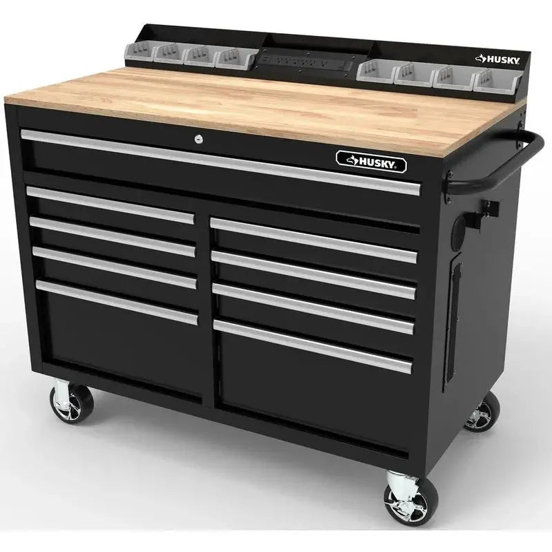 Mobile Workbench with 9 Drawers  Hardwood Work Surface, Integrated Power Outlet, High-Gloss Black Finish (117 x 62 cm)