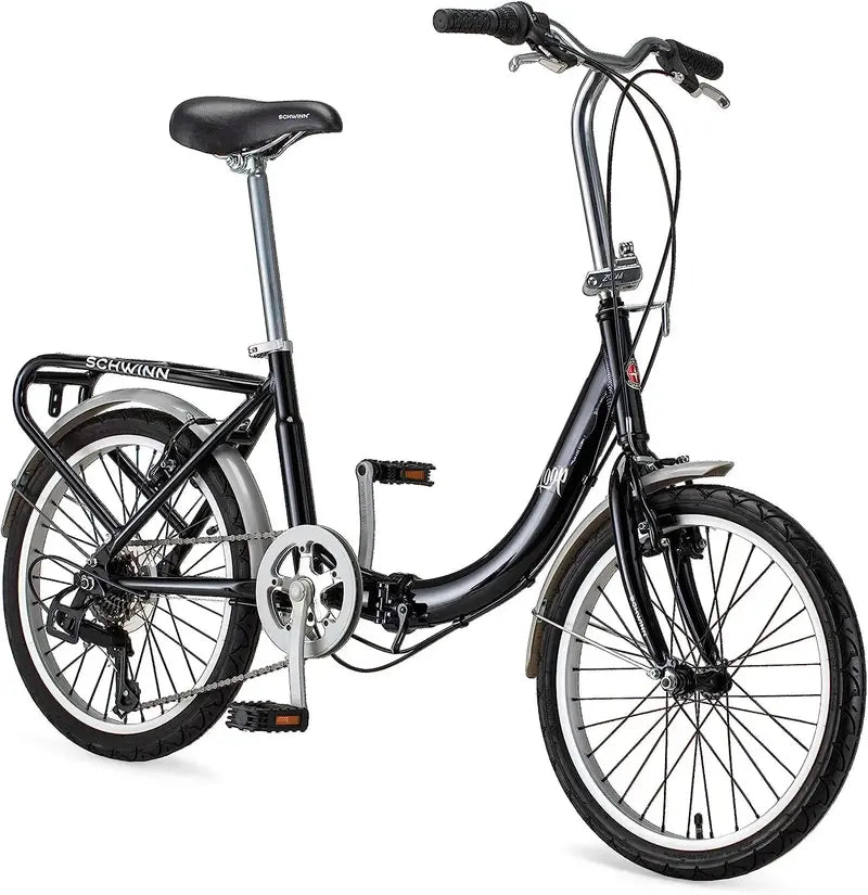 Schwinn Loop Folding Bike  7-Speed, 20″ Wheels, Step-Through Aluminum Frame, Rear Rack, Lightweight Commuter or Travel Option